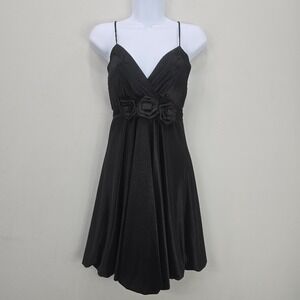 Vtg Y2K‎ Mini Dress M Black Babydoll Bubble Hem Flower Tie Strappy Formal Dance